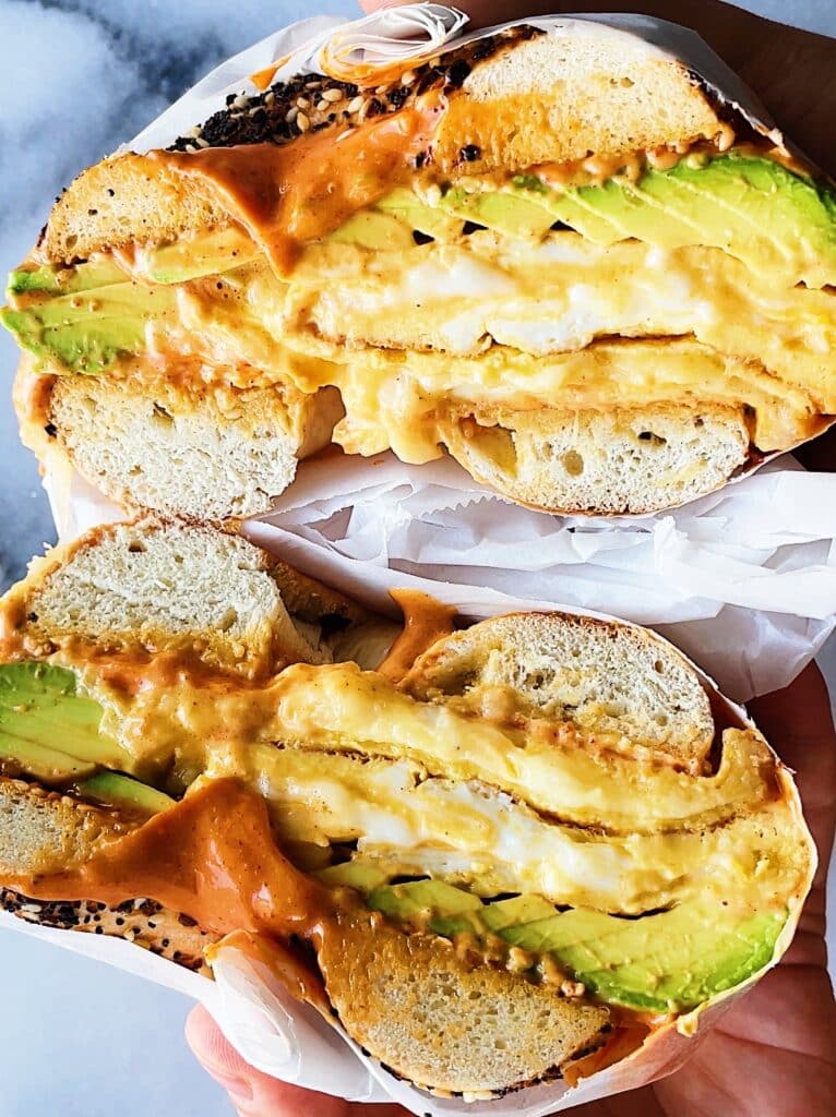 Breakfast Bagel Sandwich with Gochujang and Avocado Carolina Gelen