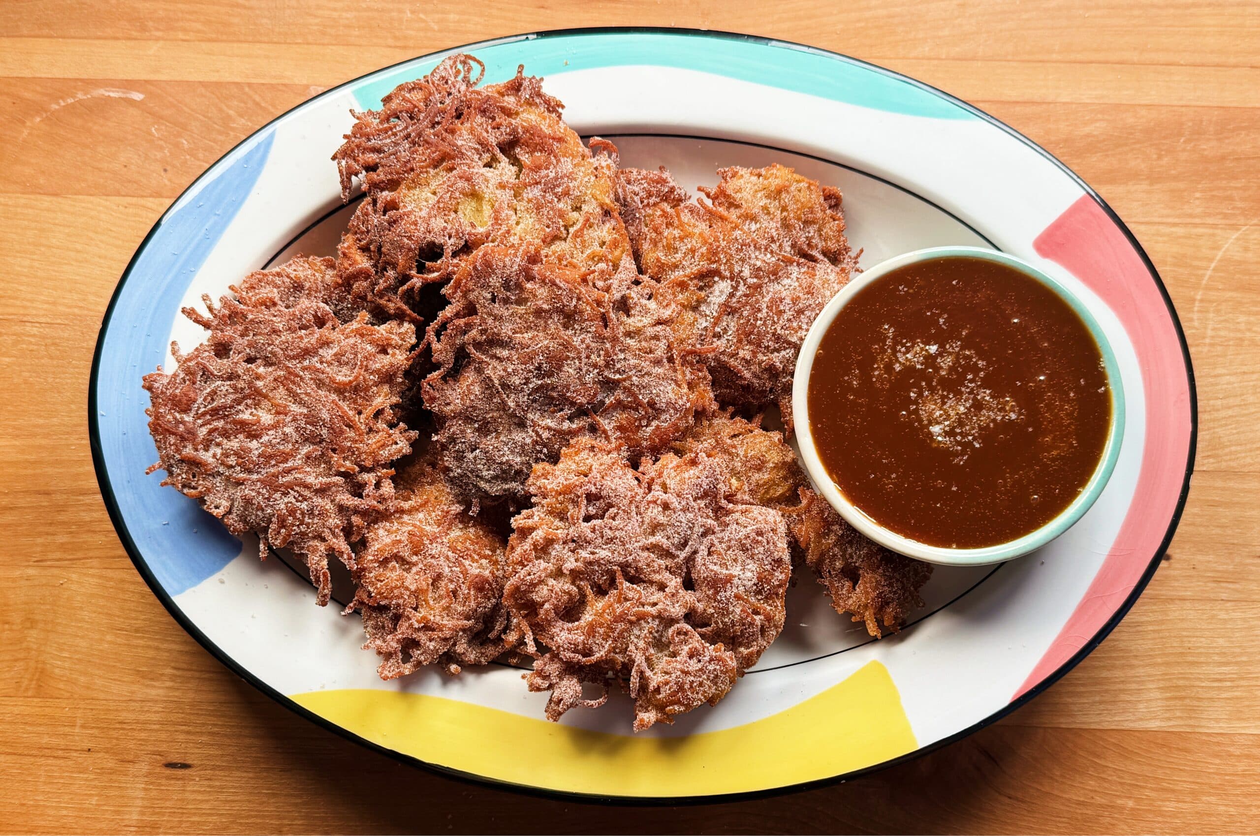 Cinnamon Sugar Noodle Latkes with Salted Caramel Sauce